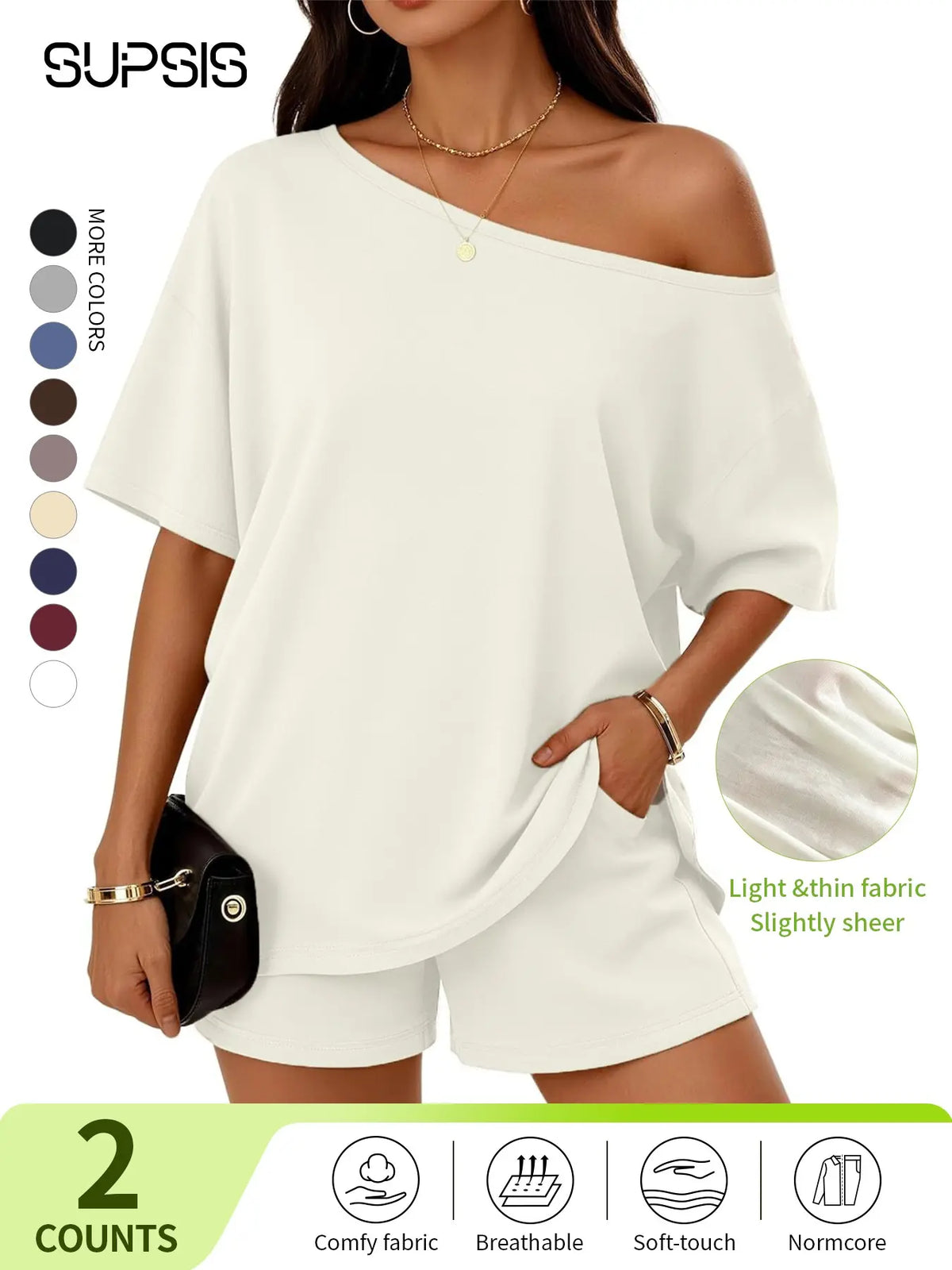 Women's Casual Two-Piece Loungewear Set, Pajama Set, Off-Shoulder Top & Loose-Fitting Elastic Shorts, Summer Nightwear Set