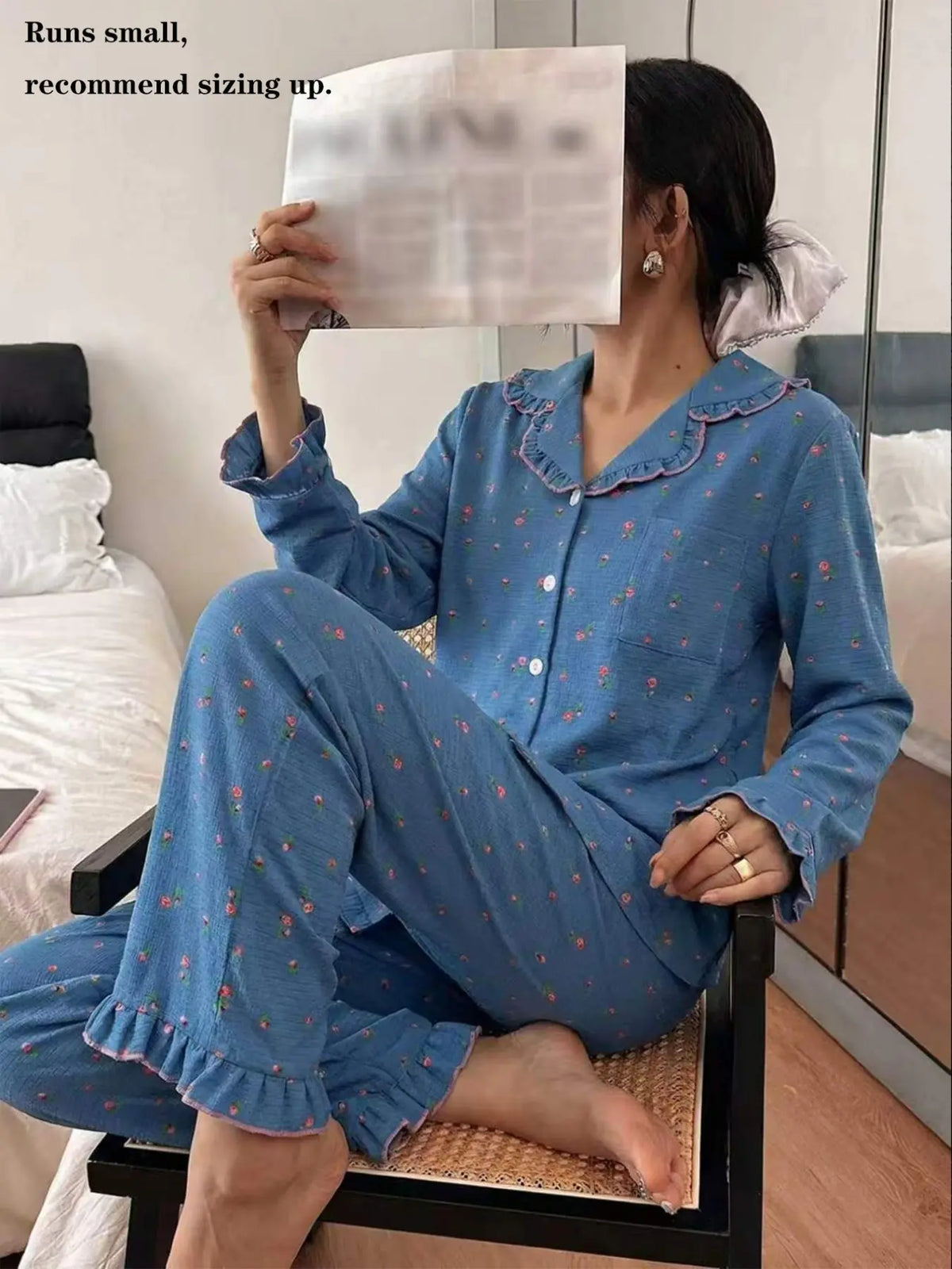 Women's Sleepwear Pajama Loungewear Set, Ditsy Floral Pattern Long Sleeve Ruffled Open Front Top & Matching Pants, Elegant Homewear, Casual, 2 Piece, Pyjamas