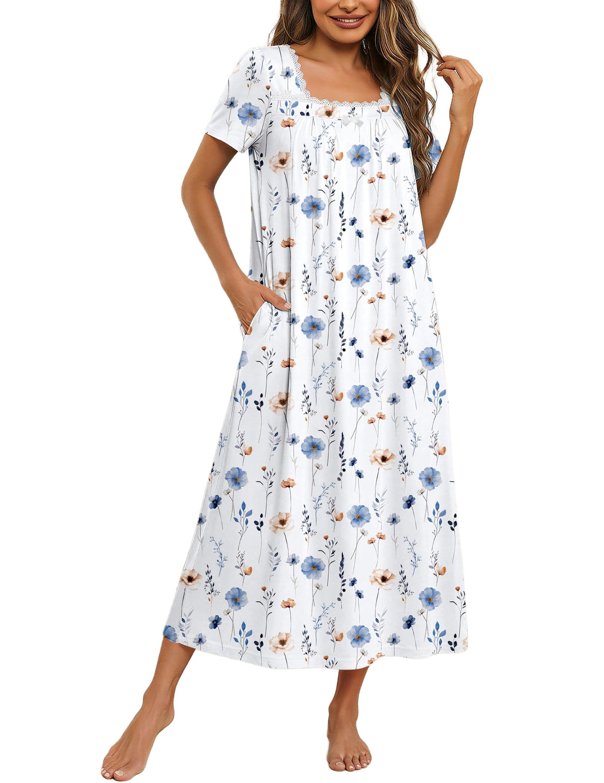 Ekouaer Cotton Long Nightgowns for Women Vintage House Dress with Pockets