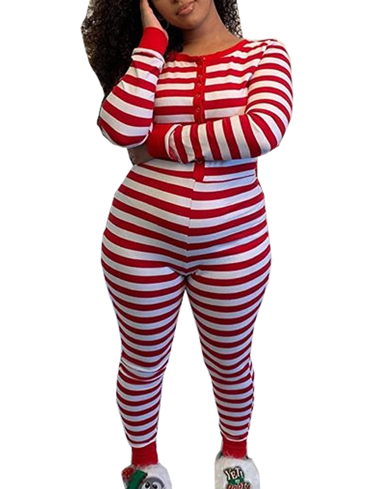 Women Christmas Button V-Neck Jumpsuit Long Sleeve Bodycon Pajama Sleepwear