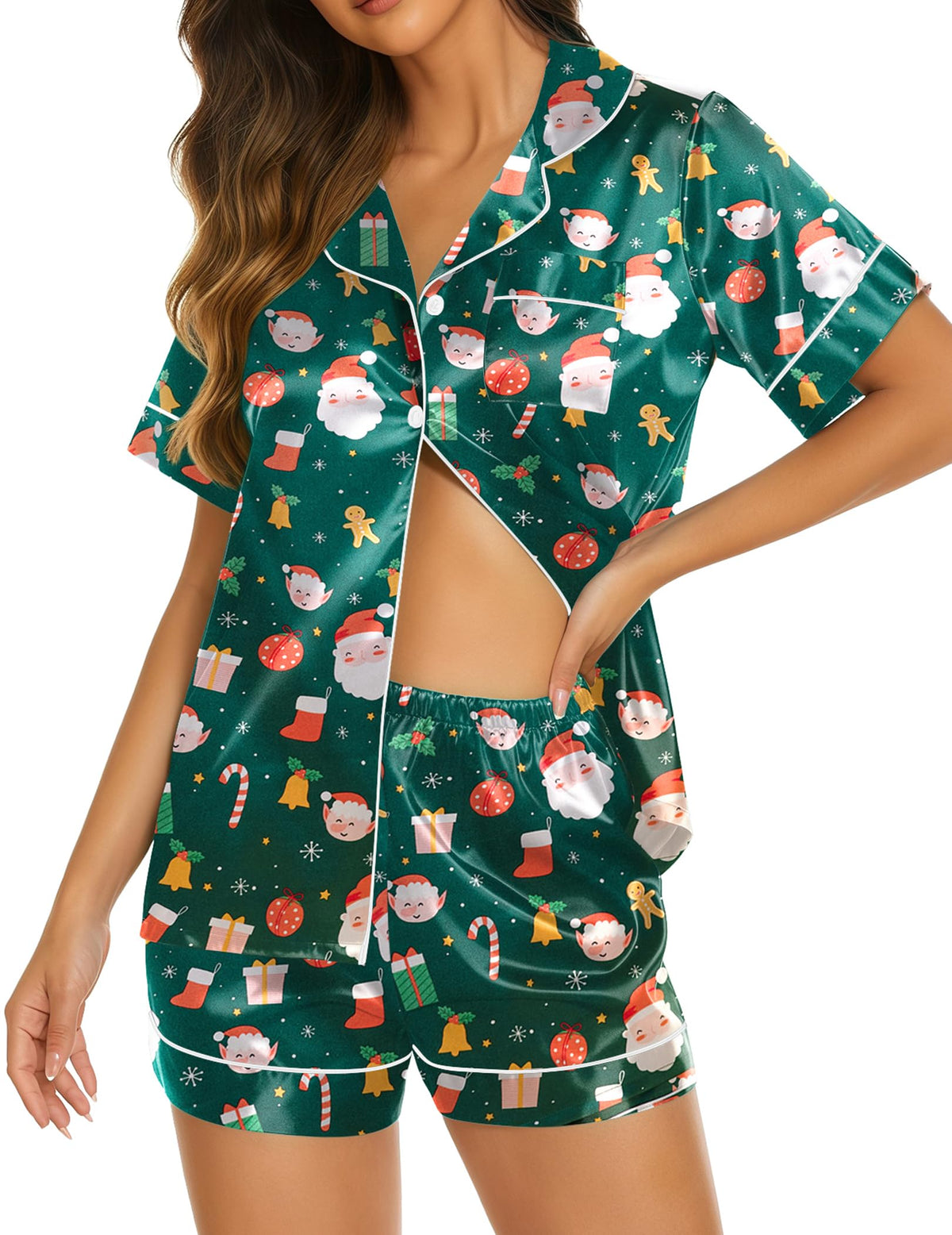 Ekouaer Womens Pajamas Silk Satin Short Sleeve Button Down Pjs Shorts Set