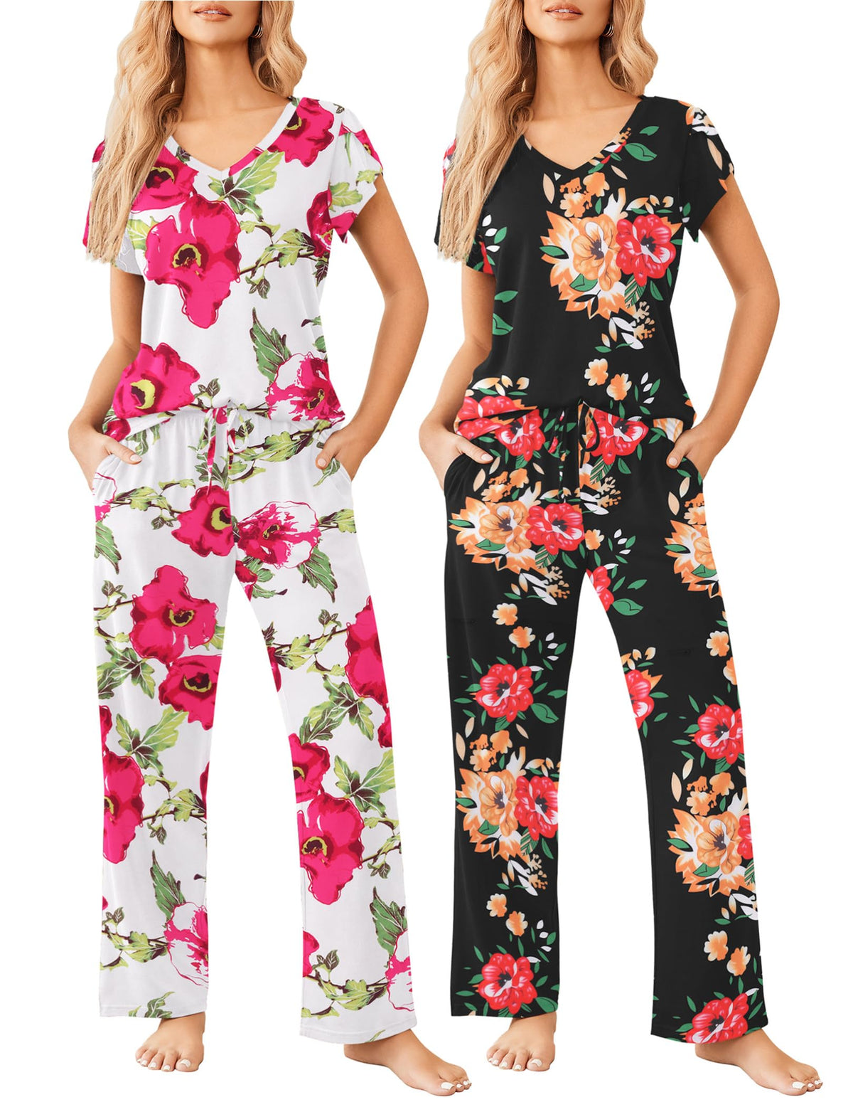Ekouaer 2 Pack Womens Pajama Set Short Sleeve Sleepwear Soft Pjs Lounge Set