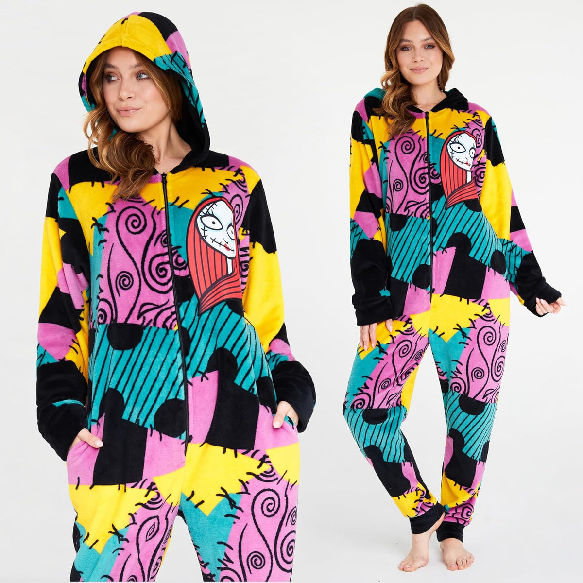 Disney The Nightmare Before Christmas One Piece Pajamas for Women, Teens, Fleece Jumpsuit With Hood, Halloween Gifts