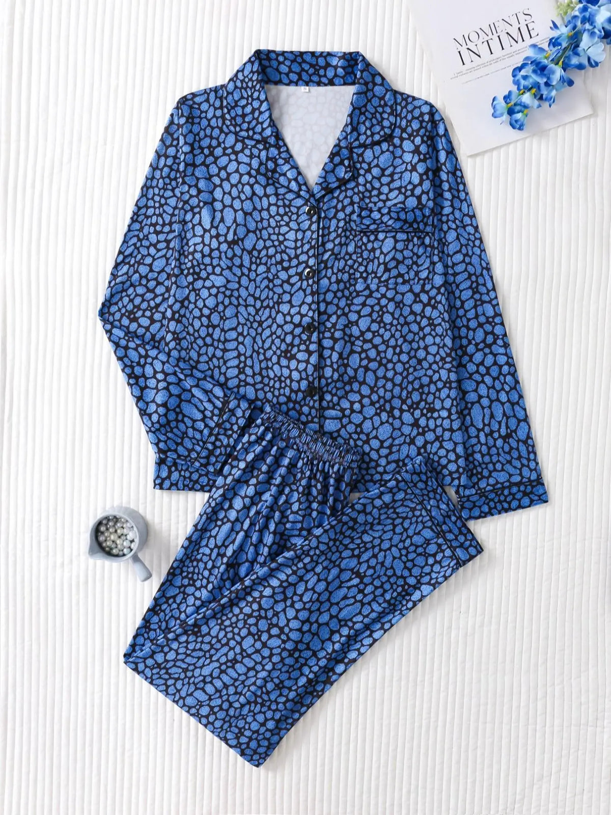Women's Leopard Print Button Front Pocket Lapel Shirt & Elastic Waist Pants Pyjama Two-piece Set, Pajama Set, Women's Sleepwear for Spring & Fall