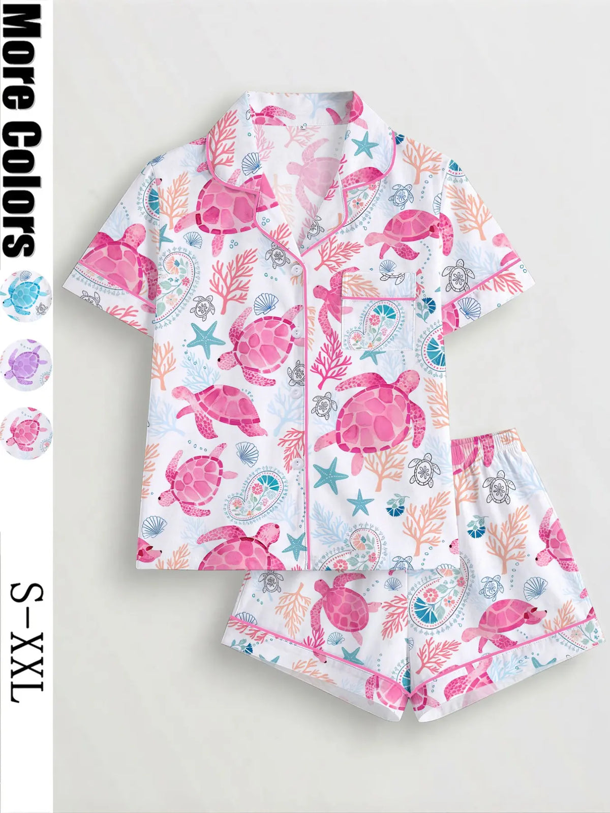 Women's Turtle Print Sleepwear Set, Short Sleeve Button-Up Top & Elastic Shorts, Casual All Seasons Pajamas, Comfortable Home Wear, Loungewear, Homewear, Lady, Breathable Summer Sleepwear, Casual Nightwear, Lounge Pjs Set, Sleepwear Outfits