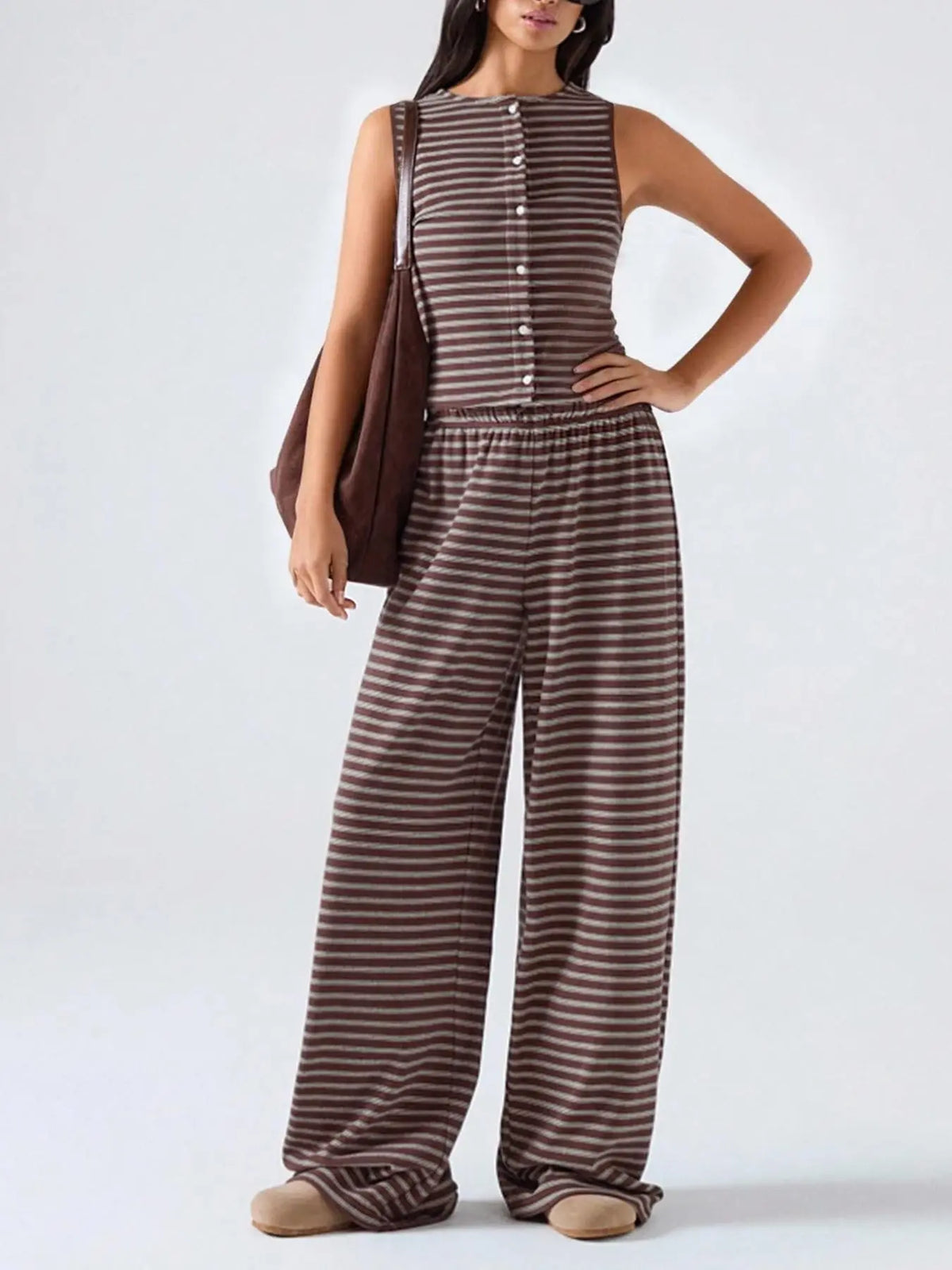 Women's Striped Wide-Leg Sleeveless Fitted Top Pants Set, Casual All Season Loungewear Set, Casual Loose-Fitting Design, Perfect for Daily Wear & Street Style, Comfortable All-Day Use Womenswear