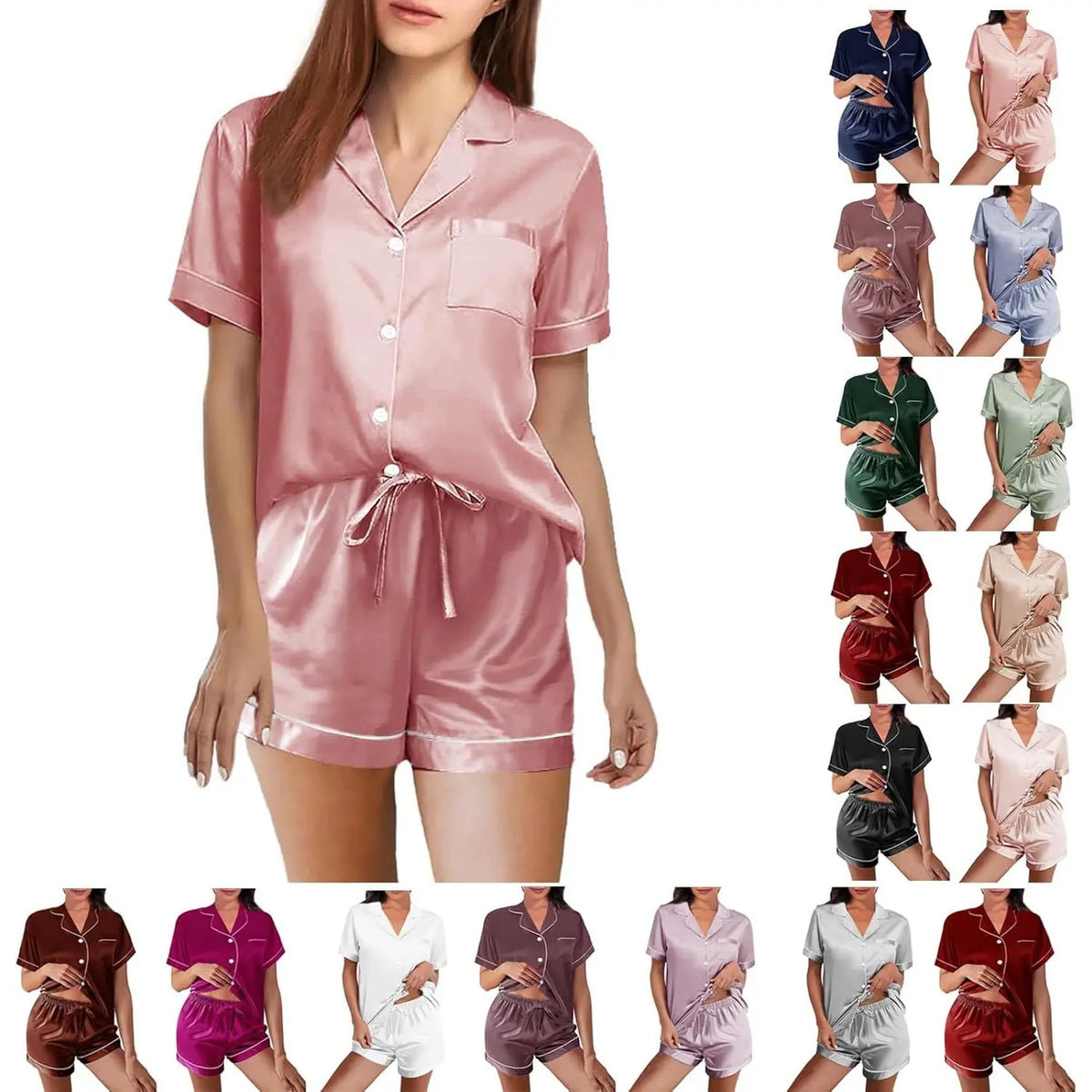 Women's Silk Satin 2-Pcs Pyjama Set, Short-Sleeve Button-Down Floral Lounge Set for Women's Sleepwear & Loungewear, 2 Pcs Set