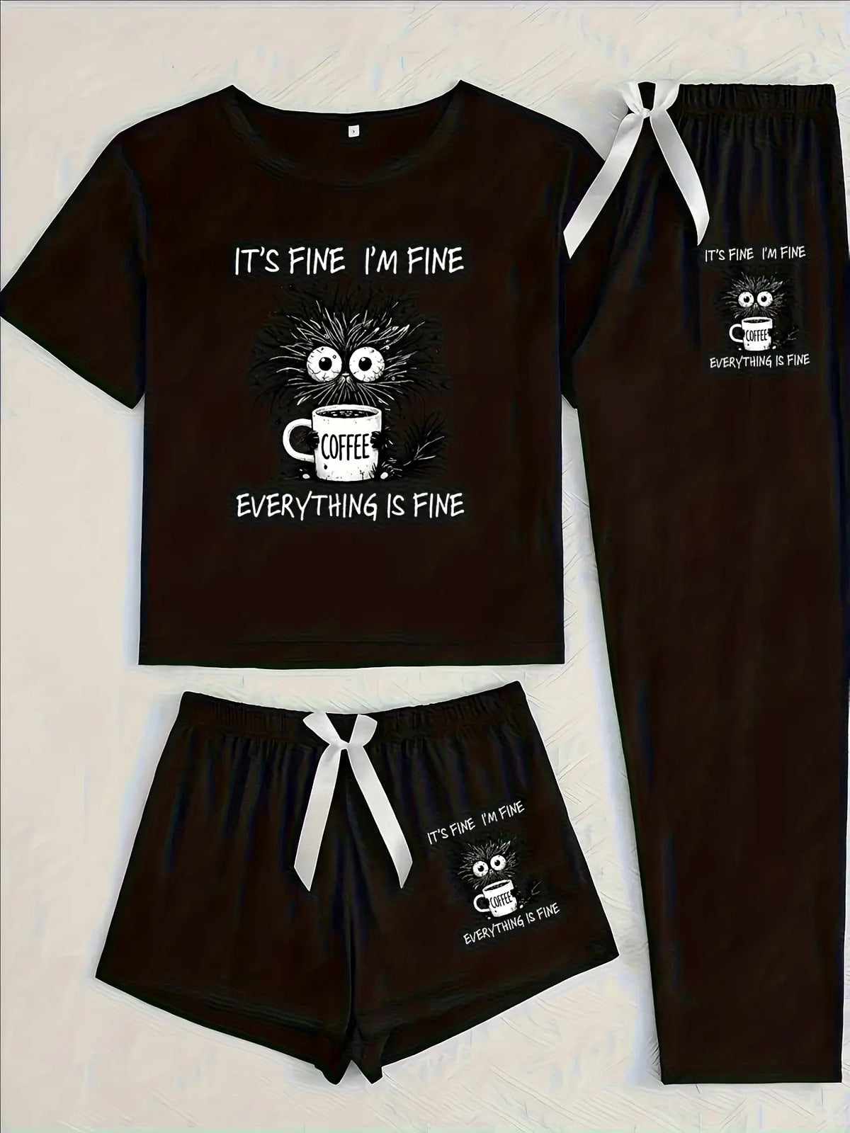 Women's Cartoon Coffee Cat Print Sleepwear, Loungewear Set, Fitted Casual Pajamas for All Seasons, Comfortable Three-Piece Nightwear, Pyjamas, Pjs, Womenswear, Home Sleepwear