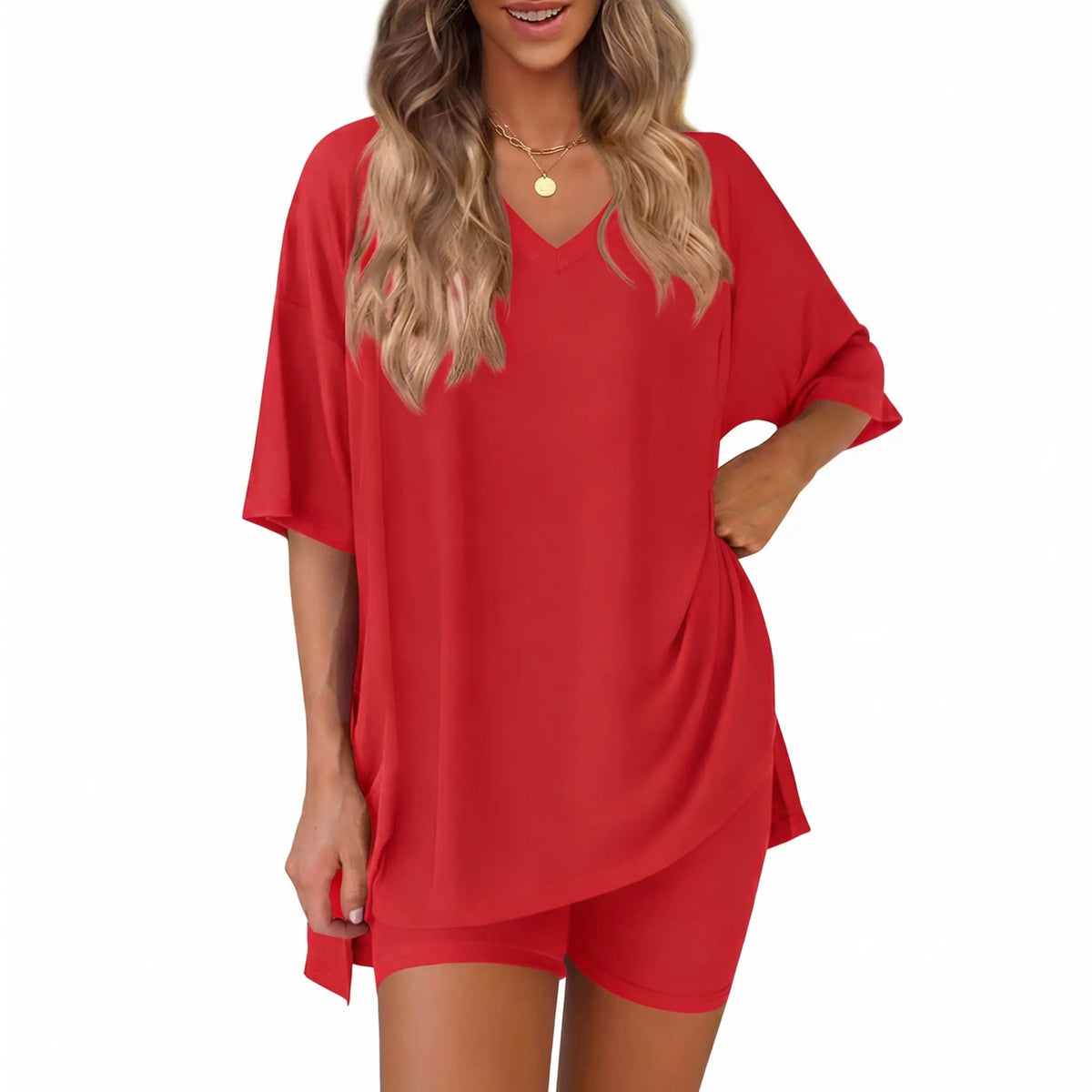 Women's 2-Piece Casual Loungewear Set: Summer Loose-fitting V-neck Short-sleeved Slit Top and High-waisted Shorts Sports Set