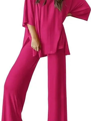 PHEFEE 2 Piece Outfits for Women Loungewear Sets Oversized Short Sleeve Top Wide Leg Pants Casual Matching Sets Soft Milk Silk,sohochic