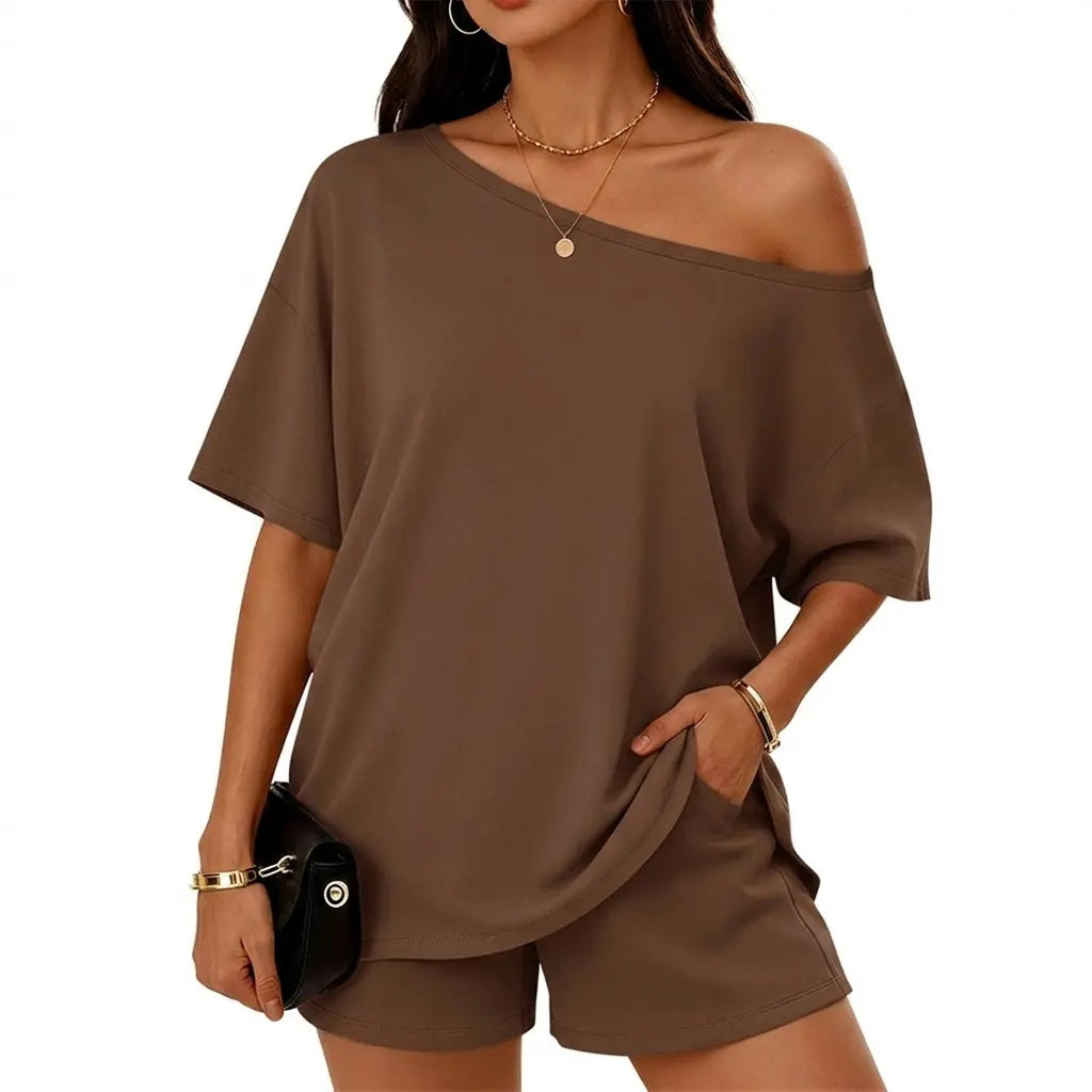 Yodutry Women's 2 Piece Set - Off-Shoulder Top & Slim-Fit Shorts, Lounge Set for Women for Spring-Summer Yoga & Pilates Casual Clothes