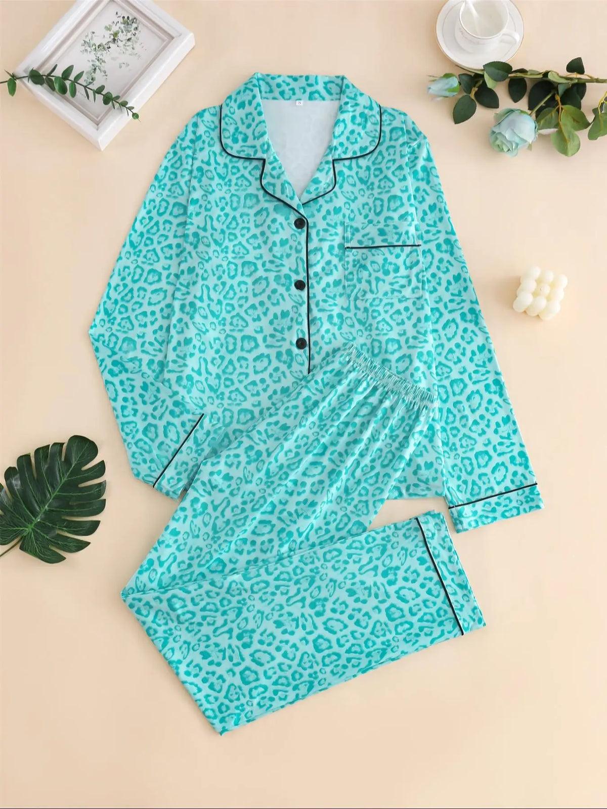 Women's Leopard Print Button Front Pocket Lapel Shirt & Elastic Waist Pants Pyjama Two-piece Set, Pajama Set, Women's Sleepwear for Spring & Fall