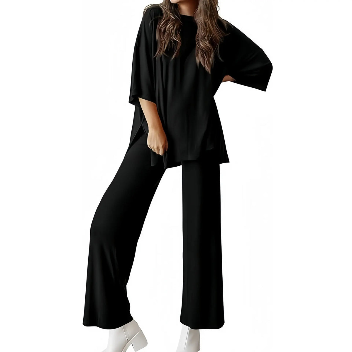 PHEFEE 2 Piece Outfits for Women Loungewear Sets Oversized Short Sleeve Top Wide Leg Pants Casual Matching Sets Soft Milk Silk,sohochic