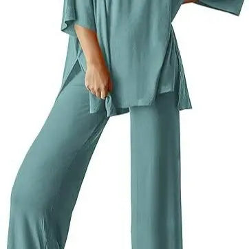 PHEFEE 2 Piece Outfits for Women Loungewear Sets Oversized Short Sleeve Top Wide Leg Pants Casual Matching Sets Soft Milk Silk,sohochic