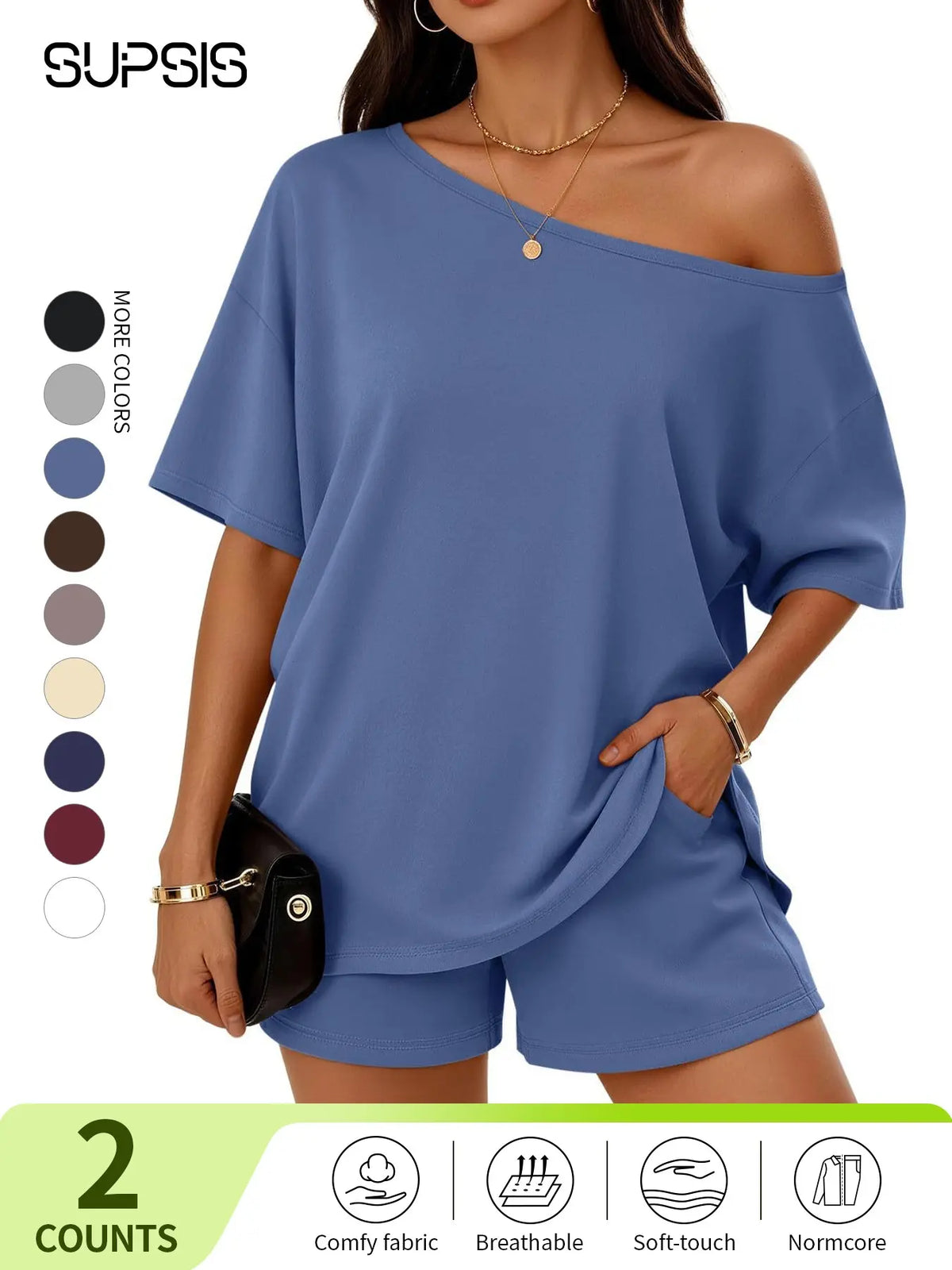 Women's Casual Two-Piece Loungewear Set, Pajama Set, Off-Shoulder Top & Loose-Fitting Elastic Shorts, Summer Nightwear Set