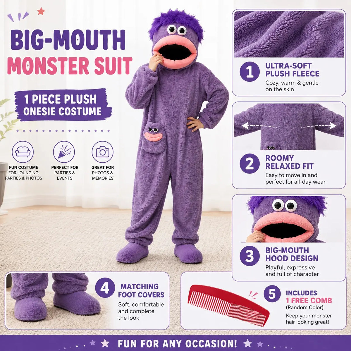 2026 Adult Polyester Plush Hooded Party Onesie, Soft Fleece Long-Sleeve Full-Body Funwear, Cute Face Pocket, Movable Puppet Mouth Monster Design, Festive Photo Apparel for Holidays & Gatherings (All-Season)