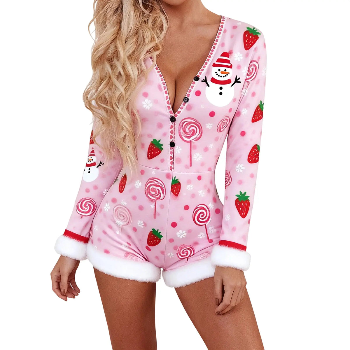 Women's Valentine's Heart Print Romper, Long-Sleeve Button-Front Bodysuit with Faux Fur Trim, Romantic Festive Loungewear for Holiday & Daily Wear Long Sleeve Fur Trim Shorts Sleepwear