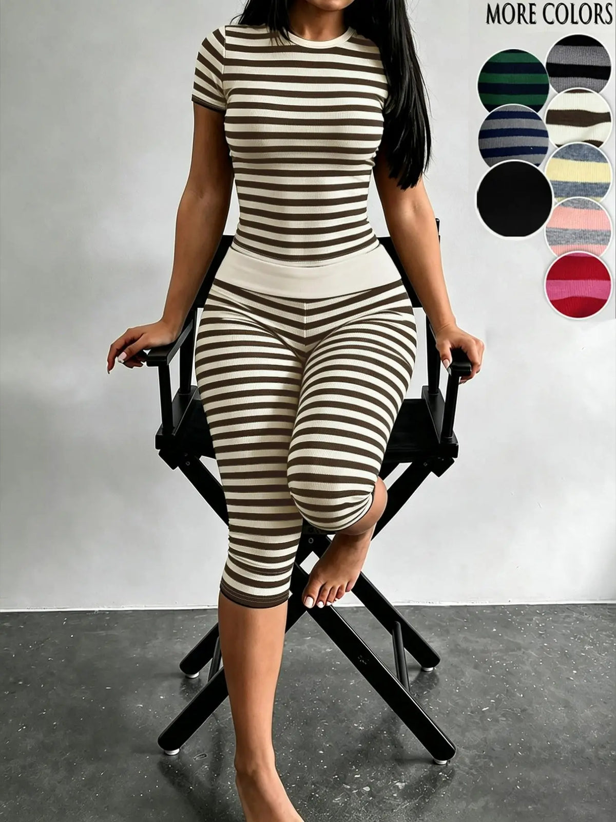 Yellow Grey Striped Two Piece Loungewear Set Crew Neck Short Sleeve Slim Crop Top High Waist Capri Leggings Stretch Fitted Matching Outfit ideal for home relaxation gym training grocery runs and casual everyday all season comfy outfits