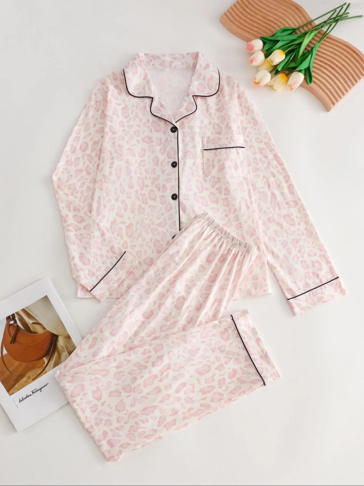 Women's Leopard Print Button Front Pocket Lapel Shirt & Elastic Waist Pants Pyjama Two-piece Set, Pajama Set, Women's Sleepwear for Spring & Fall