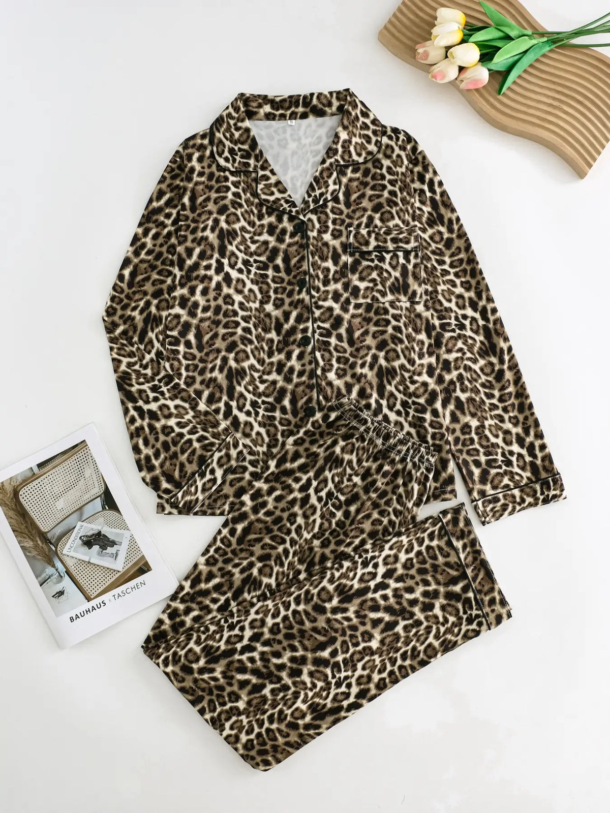 Women's Leopard Print Button Front Pocket Lapel Shirt & Elastic Waist Pants Pyjama Two-piece Set, Pajama Set, Women's Sleepwear for Spring & Fall