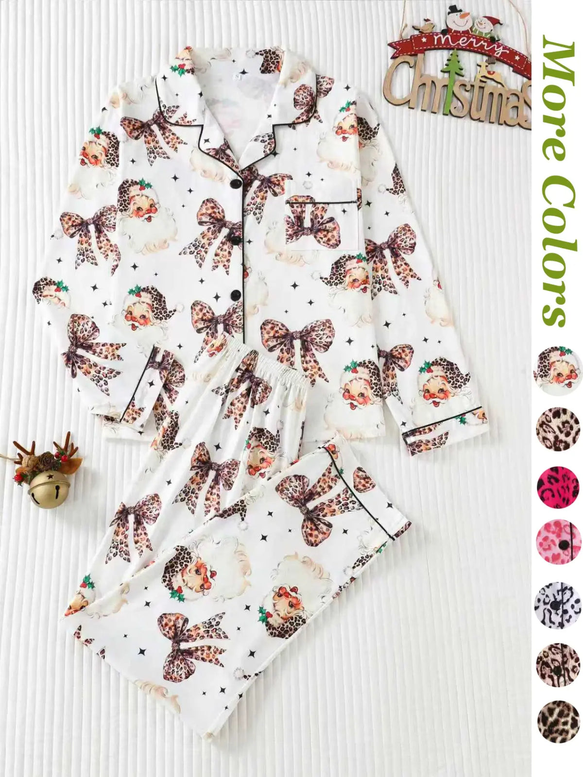 Women's Leopard Print Button Front Pocket Lapel Shirt & Elastic Waist Pants Pyjama Two-piece Set, Pajama Set, Women's Sleepwear for Spring & Fall