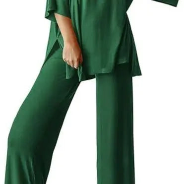 PHEFEE 2 Piece Outfits for Women Loungewear Sets Oversized Short Sleeve Top Wide Leg Pants Casual Matching Sets Soft Milk Silk,sohochic