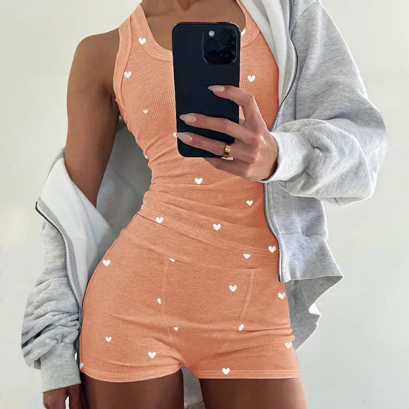 CHICME Women's 2 Pieces Pajamas Set Heart Pattern U Neck Tank Waist Shorts Set Fit Breathable