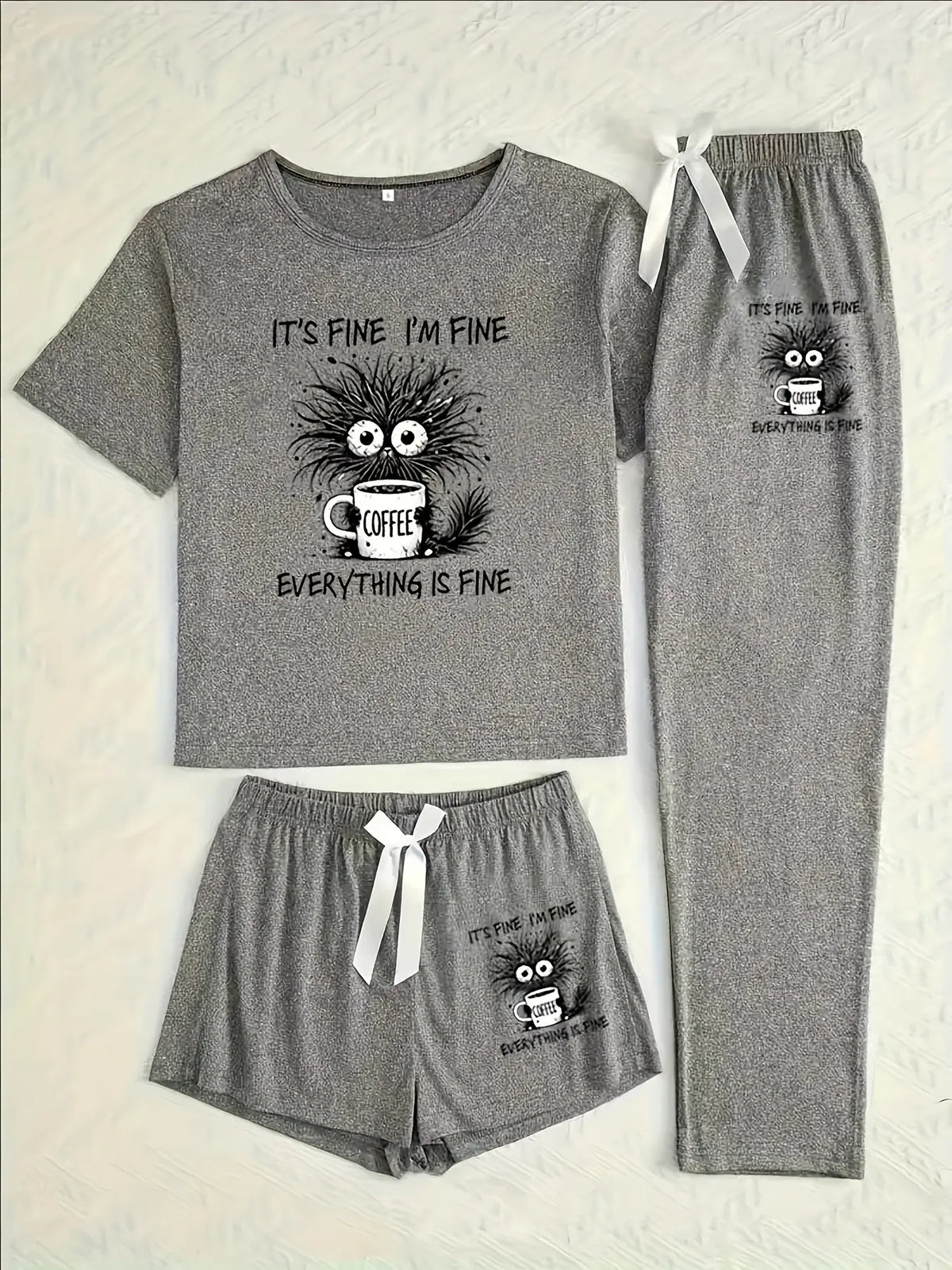 Women's Cartoon Coffee Cat Print Sleepwear, Loungewear Set, Fitted Casual Pajamas for All Seasons, Comfortable Three-Piece Nightwear, Pyjamas, Pjs, Womenswear, Home Sleepwear