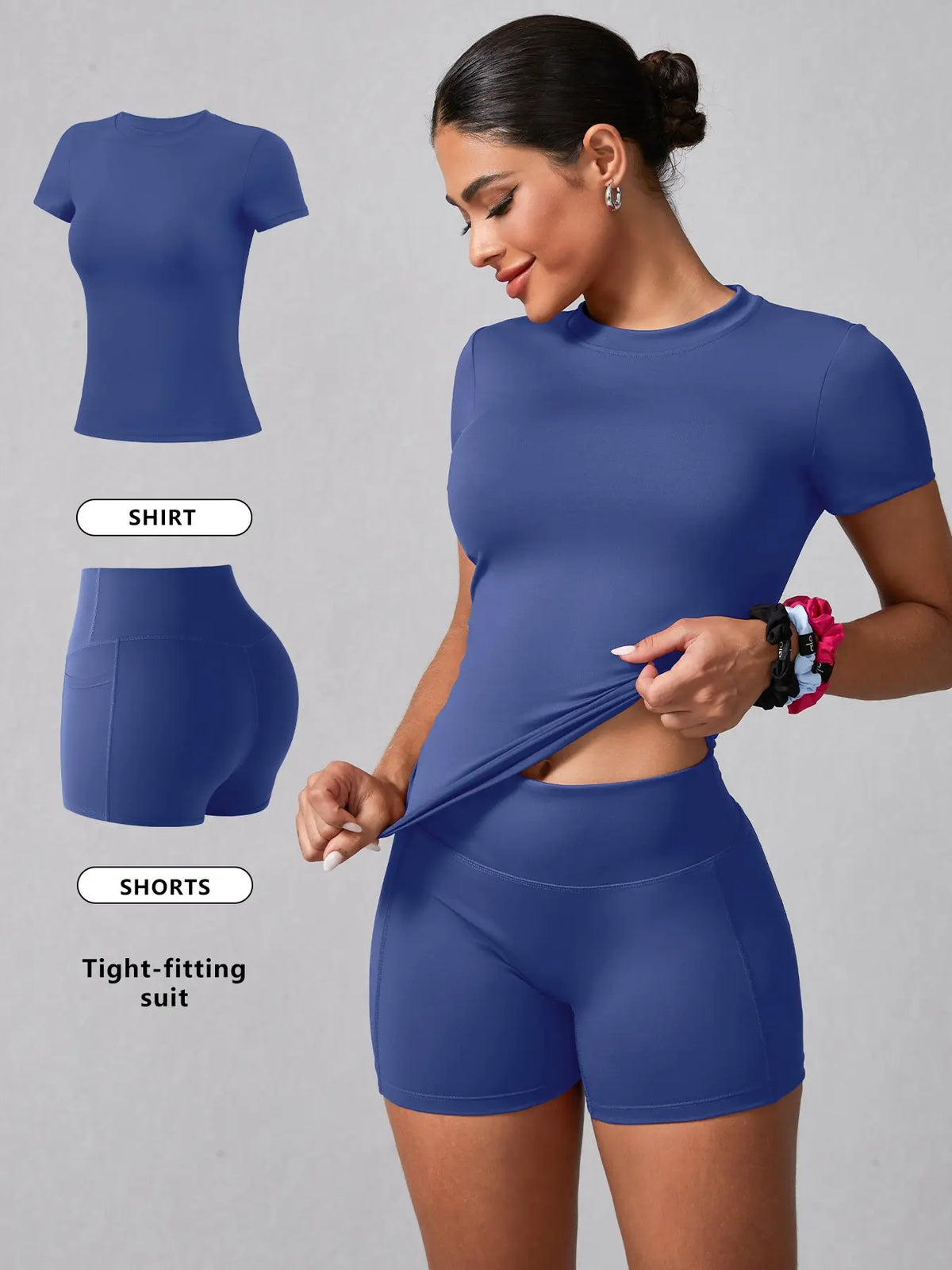 Women's Basic Solid Tee & High Waist Shorts Loungewear, Casual Comfy Round Neck Short Sleeve T-Shirt & Skinny Shorts PJ Set, Ladies Sleepwear for Summer, Pajama, Casual Fitted Sleepwear, Pajama Sets