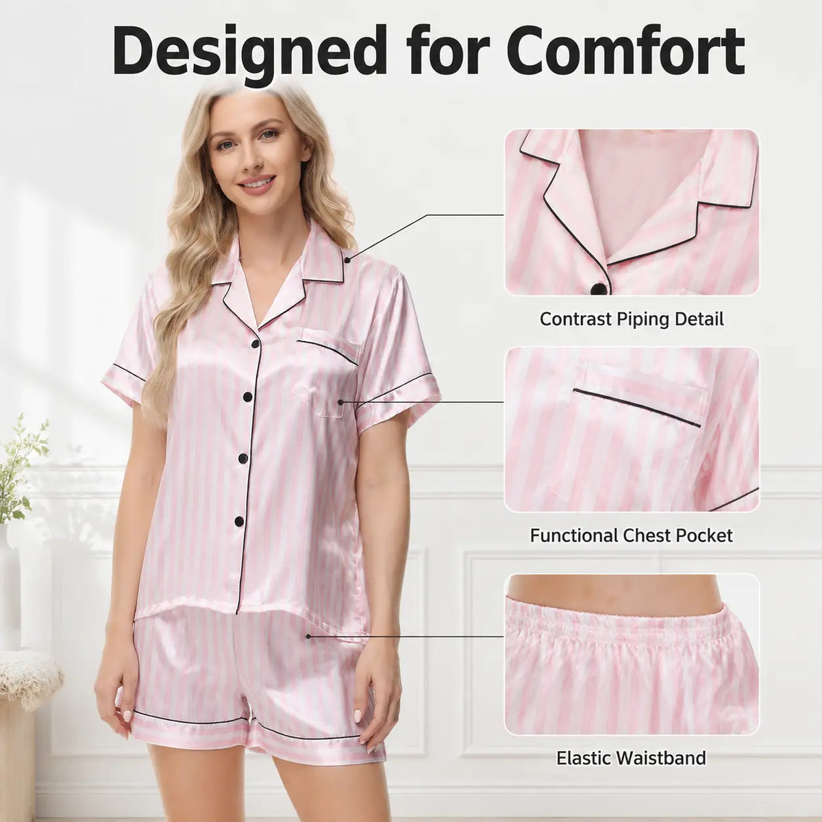 FEITAI Women's 2-Piece Soft Striped Satin Button-Down Short-Sleeve Nightwear Set, Above-the-Knee Pajamas for Casual Loungewear