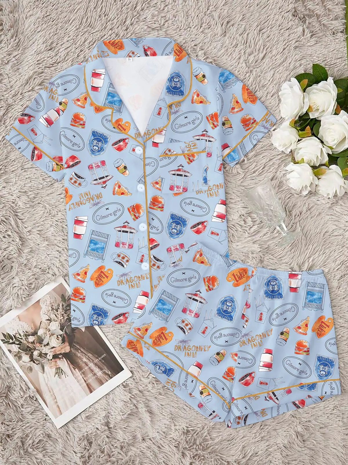 Women's Stars Hollow Gilmore Girls Comfortable Loungewear & Sleepwear Set, Comfy Lounge Set, Two-Piece Short Sleeve Top & Elastic Shorts for All Seasons, Idea Gift