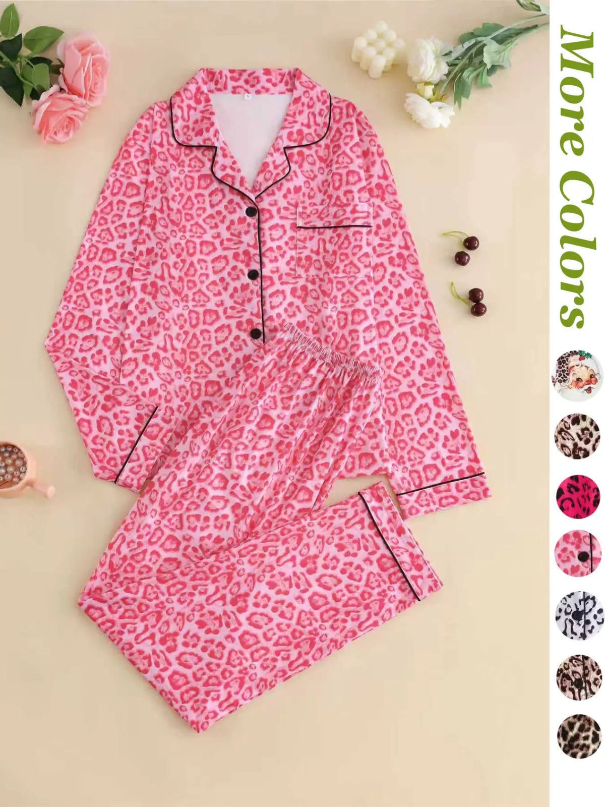 Women's Leopard Print Button Front Pocket Lapel Shirt & Elastic Waist Pants Pyjama Two-piece Set, Pajama Set, Women's Sleepwear for Spring & Fall
