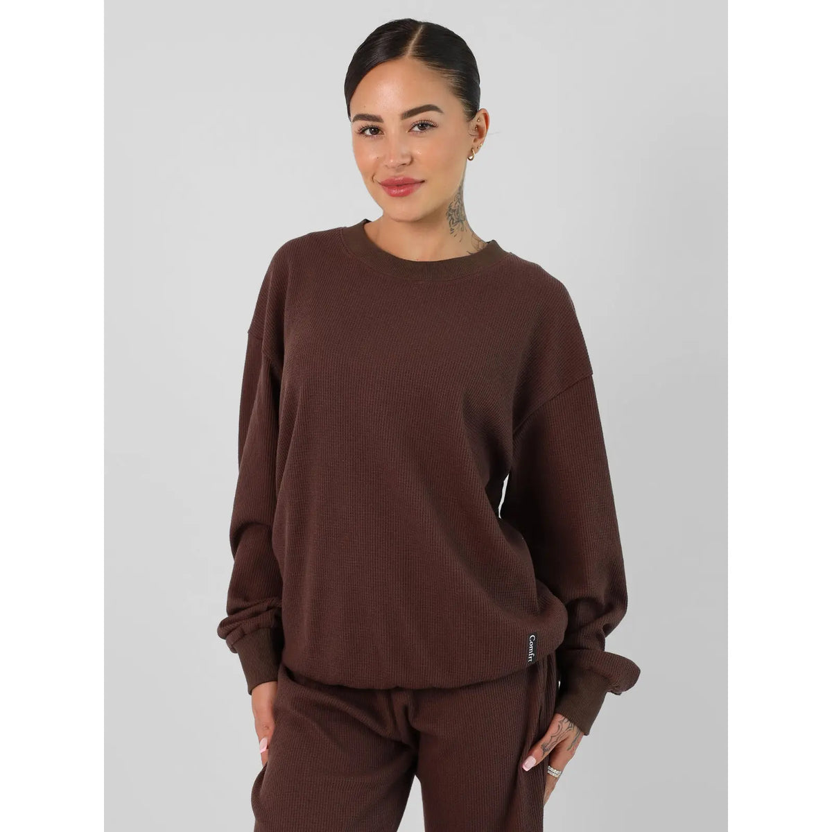 Comfrt | Waffle Lounge Long Sleeve | Crewneck Lightweight Cotton Blend Textured Lounge Top