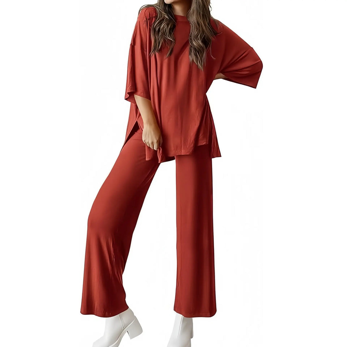 PHEFEE 2 Piece Outfits for Women Loungewear Sets Oversized Short Sleeve Top Wide Leg Pants Casual Matching Sets Soft Milk Silk,sohochic