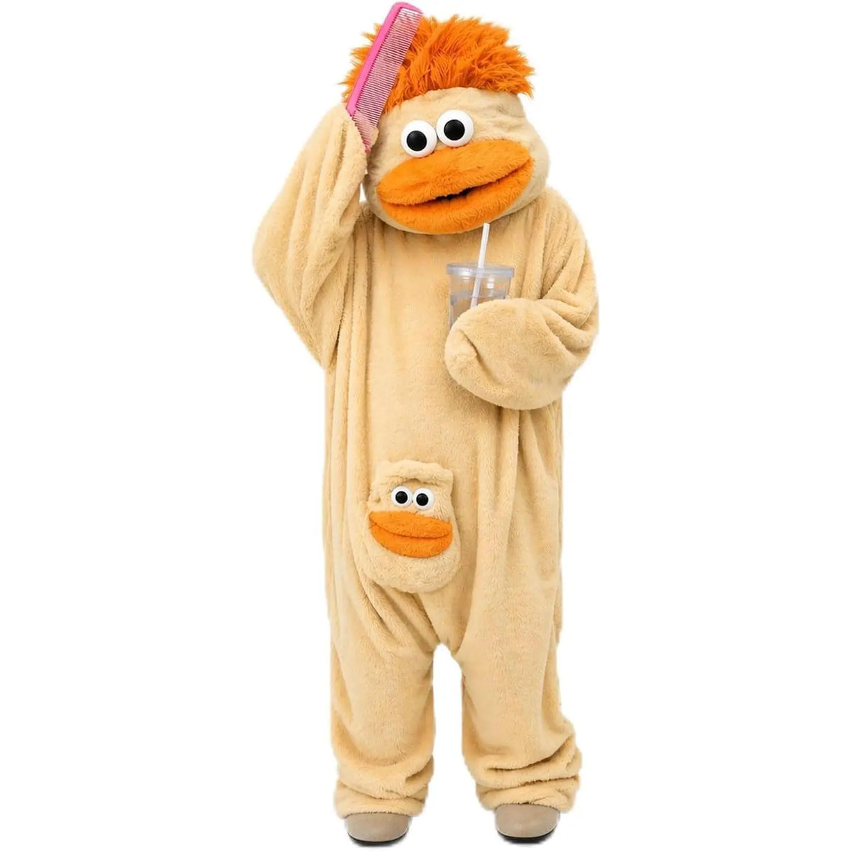 Black Big Mouth Character Onesie for Adults, One-Piece Pajama Costume with Cream Shaggy Hair, Bright Red Fabric Lips, Rounded Sleeve Ends and Matching Face Pocket for Halloween, Sleepovers and Funny Photos
