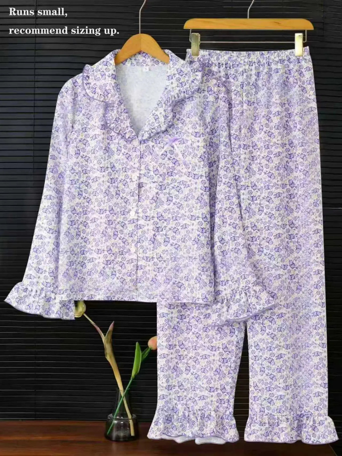 Women's Sleepwear Pajama Loungewear Set, Ditsy Floral Pattern Long Sleeve Ruffled Open Front Top & Matching Pants, Elegant Homewear, Casual, 2 Piece, Pyjamas