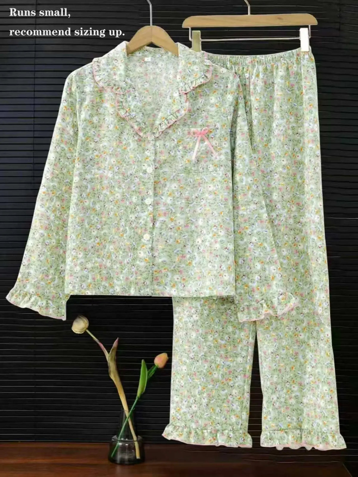 Women's Sleepwear Pajama Loungewear Set, Ditsy Floral Pattern Long Sleeve Ruffled Open Front Top & Matching Pants, Elegant Homewear, Casual, 2 Piece, Pyjamas
