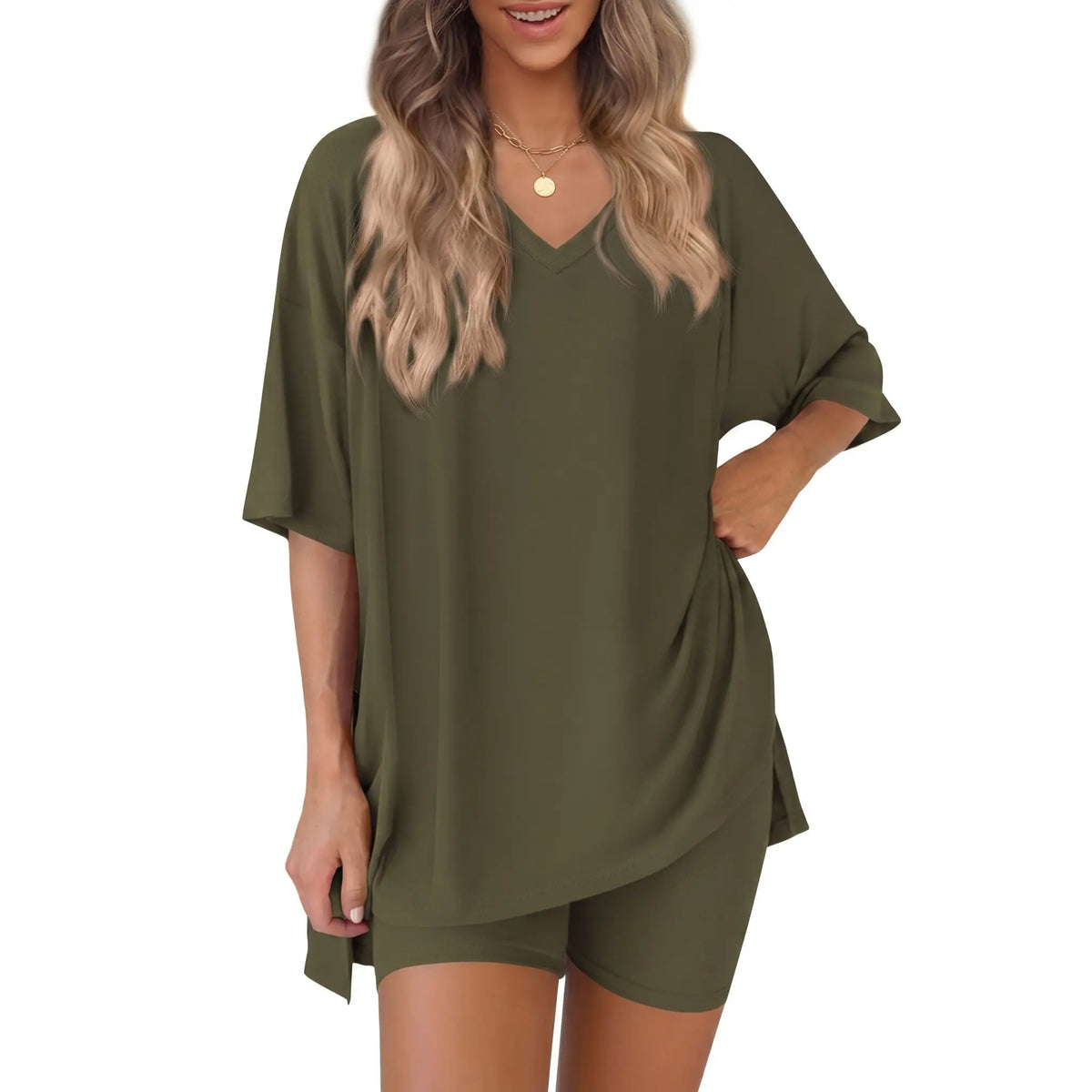 Women's 2-Piece Casual Loungewear Set: Summer Loose-fitting V-neck Short-sleeved Slit Top and High-waisted Shorts Sports Set
