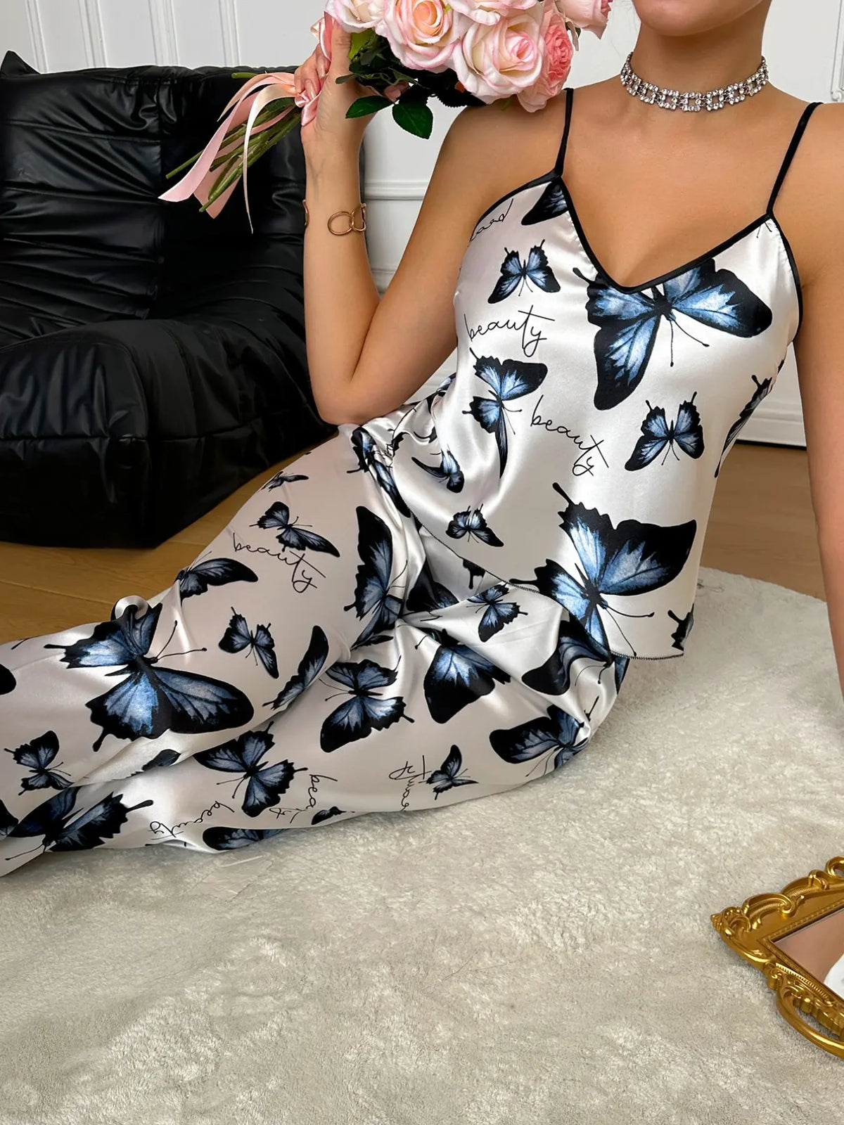 Women's Butterfly Print Adjustable Spaghetti Strap Pajama Set, Comfortable Fashion Casual Style Loungewear for Casual Daily Wear, Womenswear