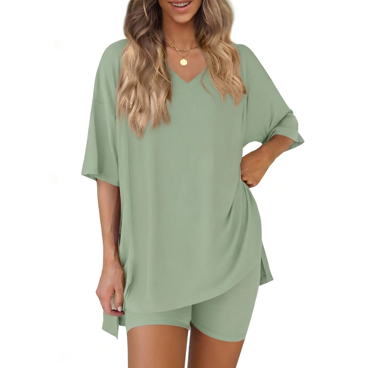 Women's 2-Piece Casual Loungewear Set: Summer Loose-fitting V-neck Short-sleeved Slit Top and High-waisted Shorts Sports Set