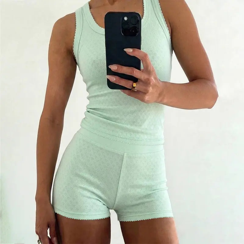 CHICME Women's 2 Pieces Pajamas Set Heart Pattern U Neck Tank Waist Shorts Set Fit Breathable