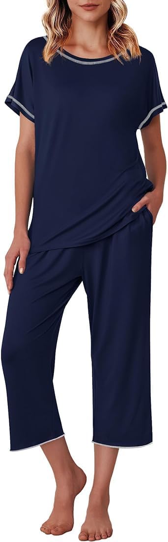 Ekouaer Womens Capri Pajama Sets Print Short Sleeve Sleepwear Top and Pants