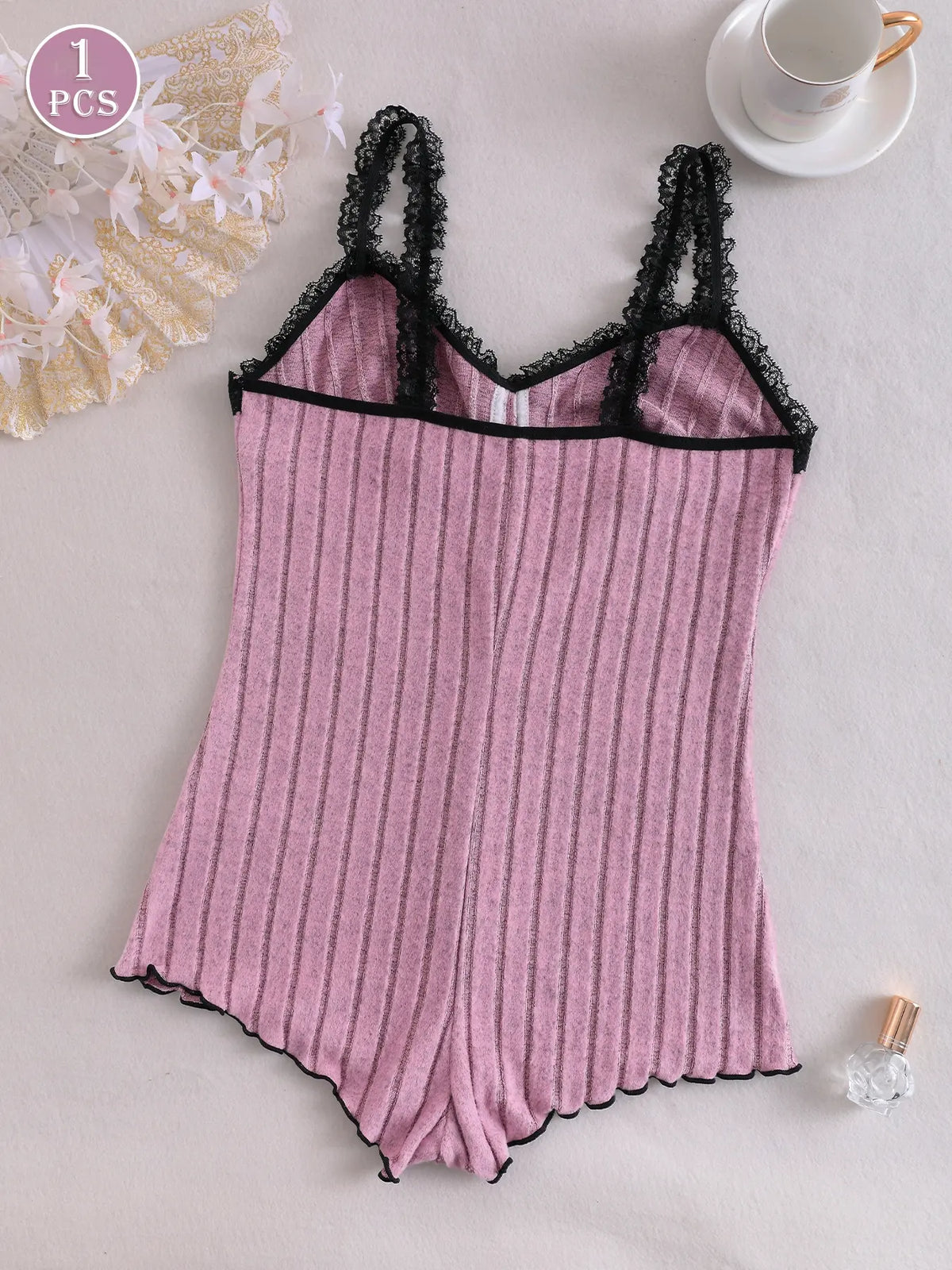 Women's Sexy Slim-Fit One-Piece Pajamas, Soft Comfortable Striped Design with Bow Lace Trim, All-Season Home Wear Sleepwear, Sleep Onesie, Pj Onesie