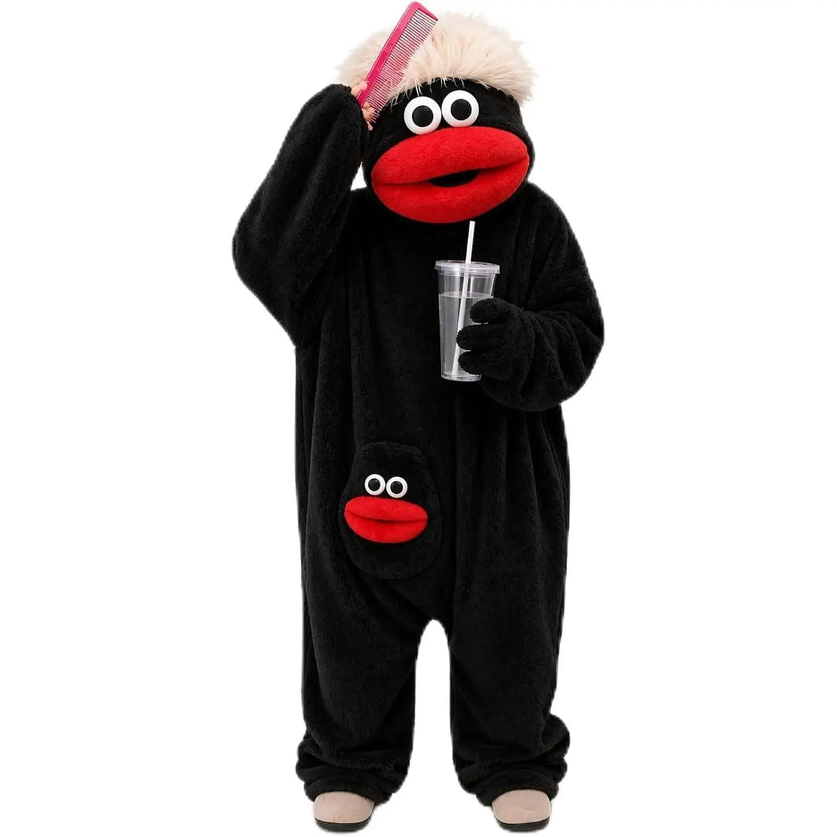 2026 Adult Polyester Plush Hooded Party Onesie, Soft Fleece Long-Sleeve Full-Body Funwear, Cute Face Pocket, Movable Puppet Mouth Monster Design, Festive Photo Apparel for Holidays & Gatherings (All-Season)