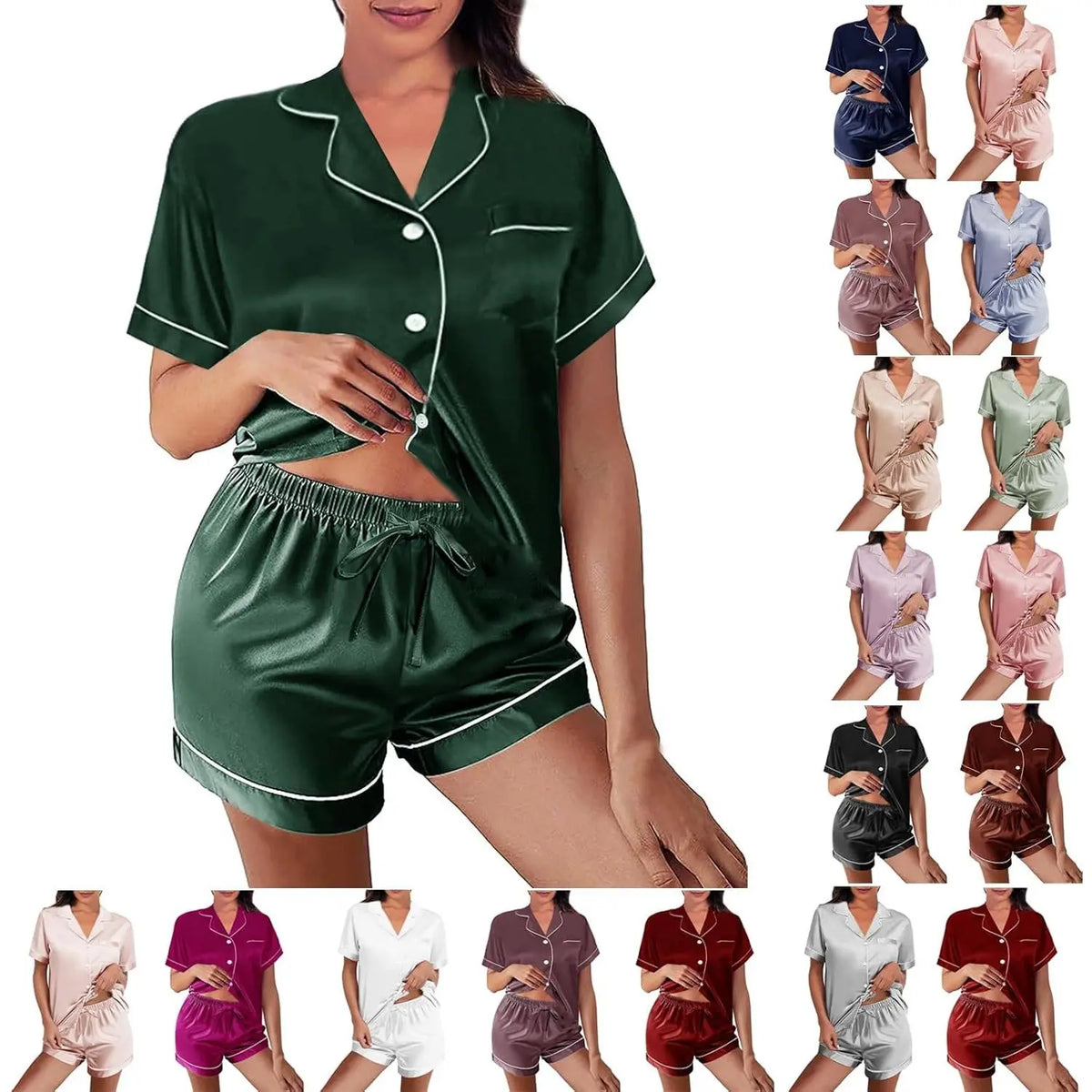 Women's Silk Satin 2-Pcs Pyjama Set, Short-Sleeve Button-Down Floral Lounge Set for Women's Sleepwear & Loungewear, 2 Pcs Set