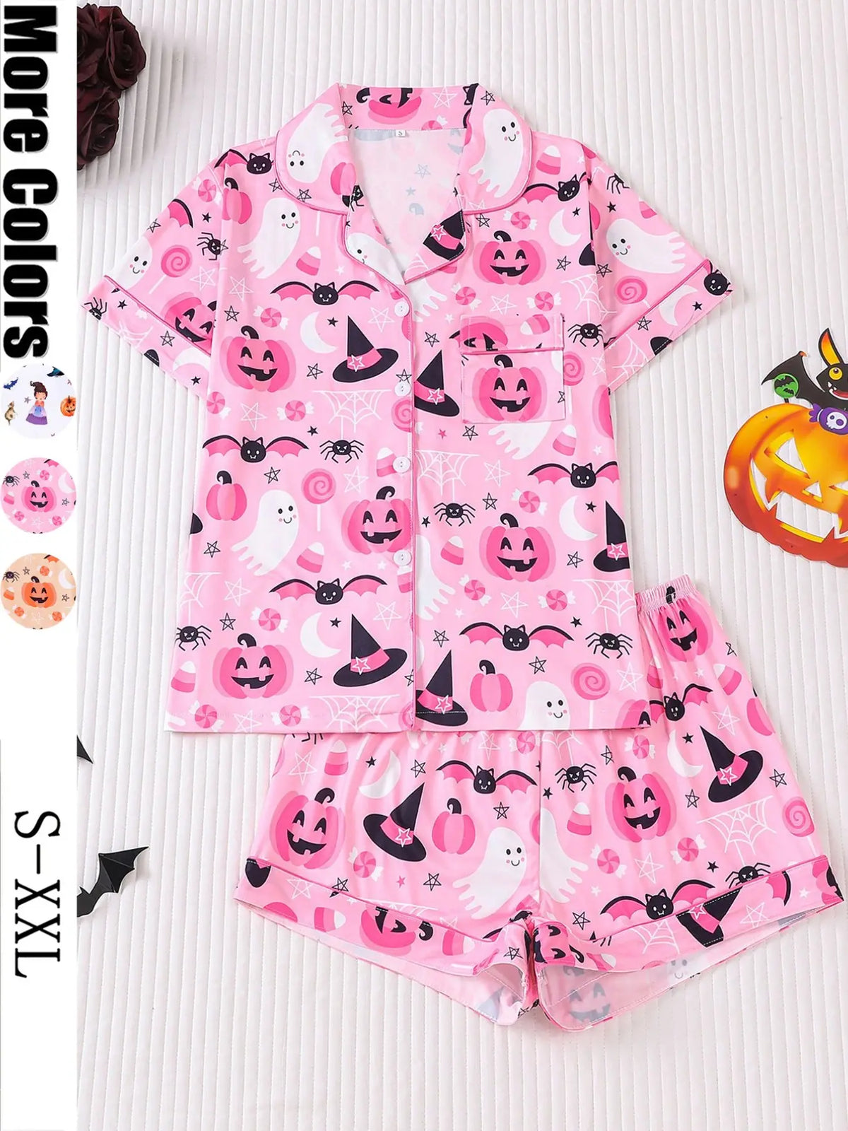 Halloween Cartoon Ghost Pumpkin Pajama Set for Women, Short Sleeve Button Front Top and Elastic Shorts, Comfortable Everyday Home Wear Loungewear