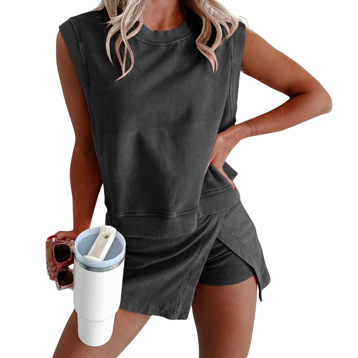 SCUSTY Women's 2 Piece Set Mineral Washed Cotton Loungewear Set Summer Summervibes Tank Top Lined Split Athletic Skirt Suits
