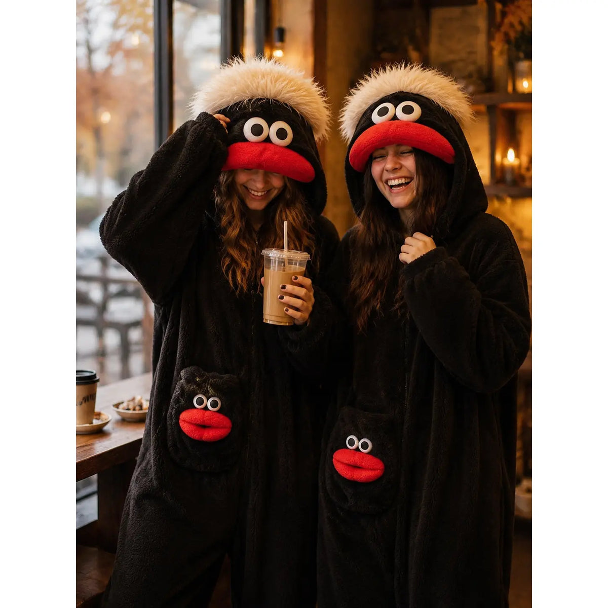Black Big Mouth Character Onesie for Adults, One-Piece Pajama Costume with Cream Shaggy Hair, Bright Red Fabric Lips, Rounded Sleeve Ends and Matching Face Pocket for Halloween, Sleepovers and Funny Photos