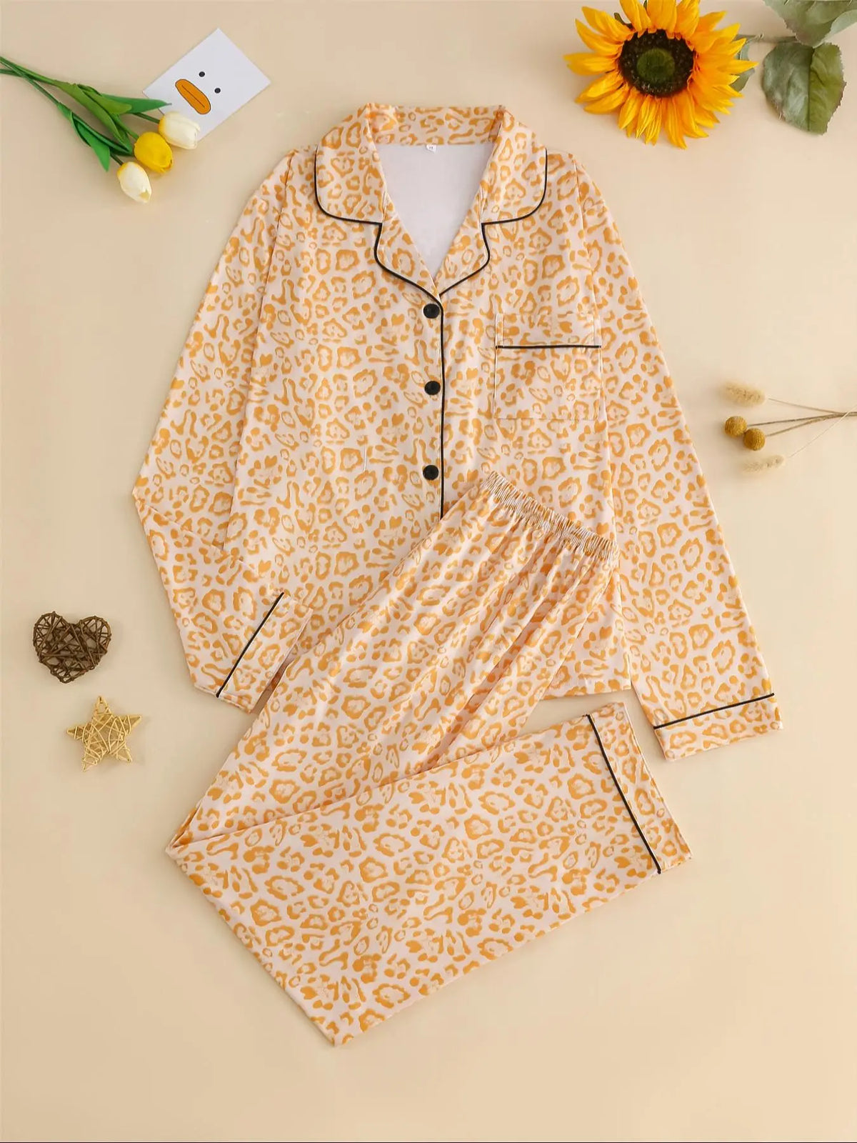 Women's Leopard Print Button Front Pocket Lapel Shirt & Elastic Waist Pants Pyjama Two-piece Set, Pajama Set, Women's Sleepwear for Spring & Fall