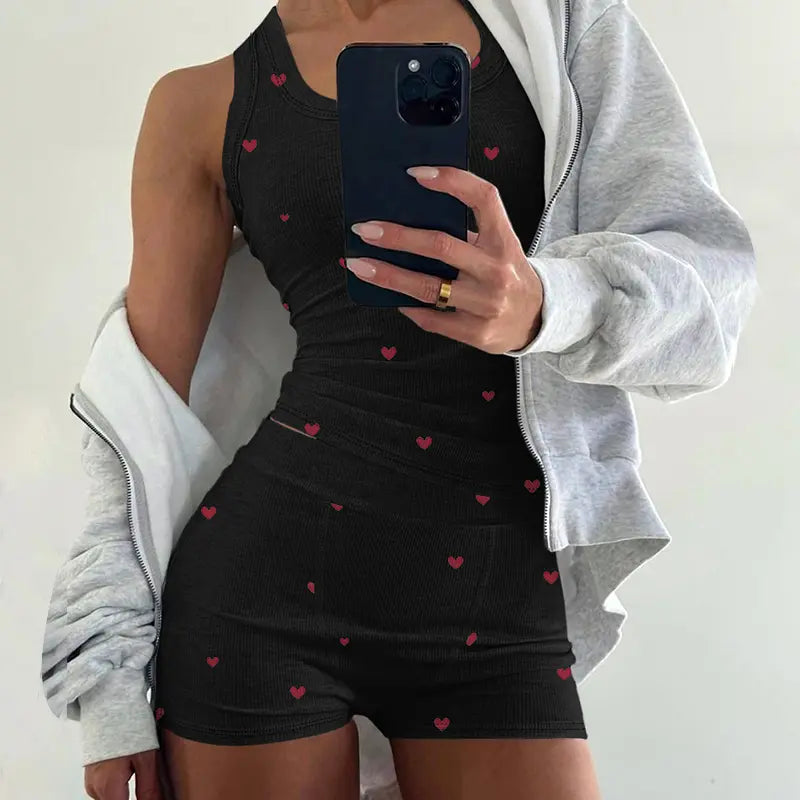 CHICME Women's 2 Pieces Pajamas Set Heart Pattern U Neck Tank Waist Shorts Set Fit Breathable